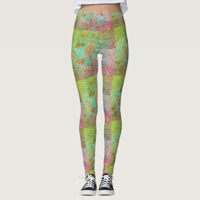 MODERN-abstrakt rita in light-grönt-rosa Leggings (Framsida)