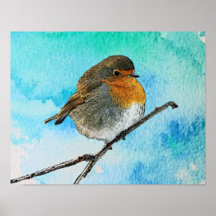 Modern abstrakt Robin-fågel på vattenfärgstänk stä Poster