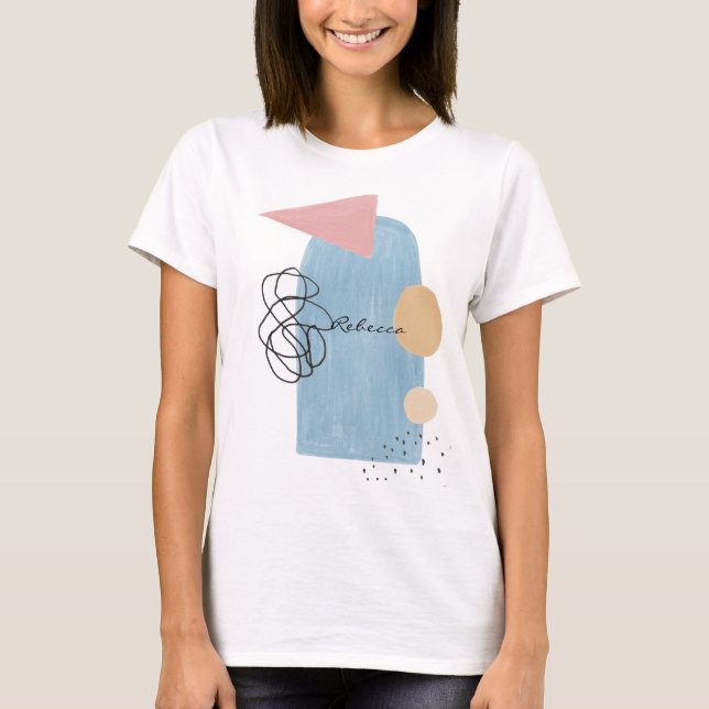 Modern Abstrakt Rosa Blå Former Monogram T Shirt (Framsida)