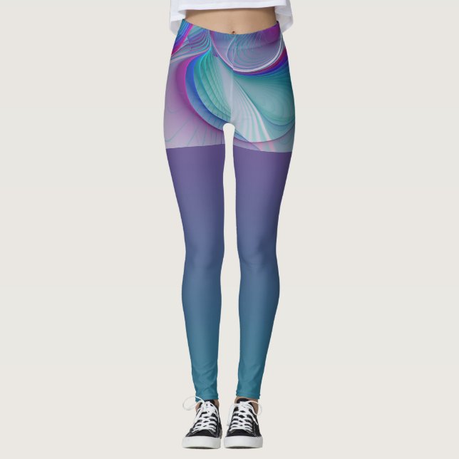Modern Abstrakt Rosa Blue Turquise Fractal Art Leggings (Framsida)