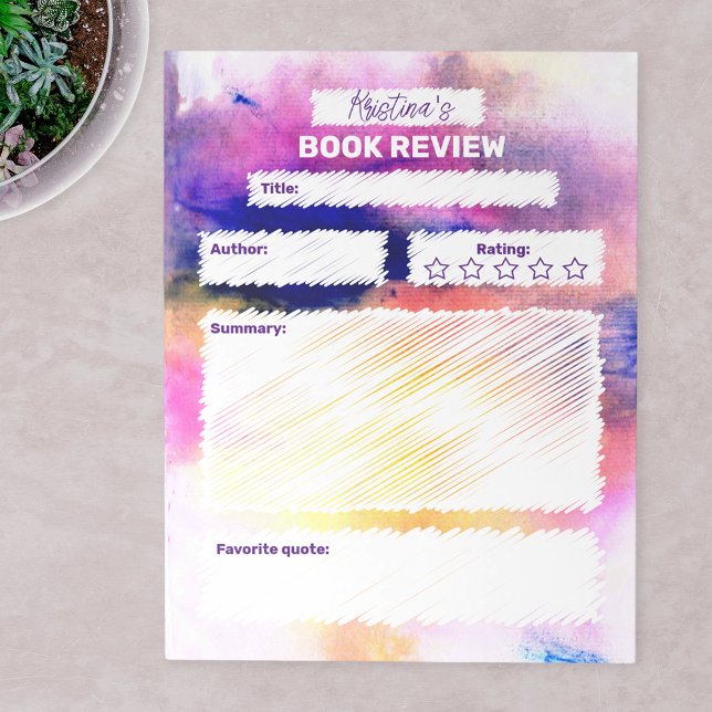 Modern Abstrakt Rosa Lila Watercolor Bok Review Anteckningsblock (Skapare uppladdad)