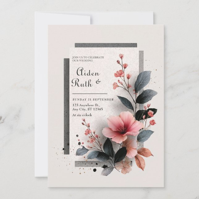 Modern Abstrakt Rosa Mörk Blommig Bröllop Inbjudningar (Framsida)