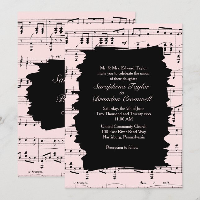 Modern Abstrakt Rosa Music Wedding bjudande in Inbjudningar (Fram/baksida)