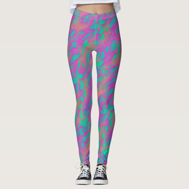 Modern Abstrakt Rosa Och Blå Djurtrycksmönster Leggings (Framsida)