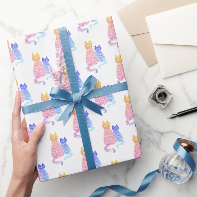 Modern Abstrakt Rosa Och Blå Randiga Katter Par Presentpapper (Gifting)