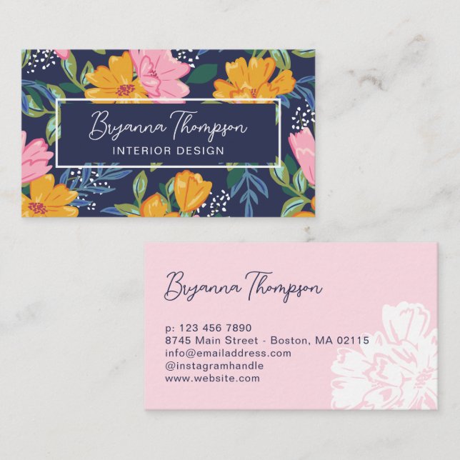 Modern abstrakt rosa och gul blomsterdesign visitkort (Fram/baksida)