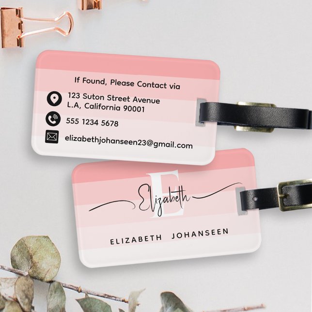 Modern Abstrakt Rosa Ränder Chic Monogram Bagagebricka (Skapare uppladdad)