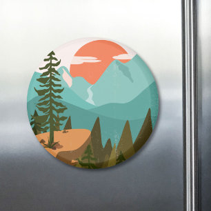 Modern Abstrakt Skog, Berg, och Soluppgång Magnet