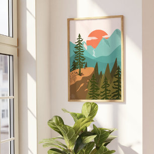 Modern abstrakt skog, berg och soluppgång poster