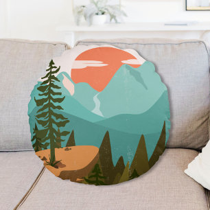 Modern Abstrakt Skog, Berg, och Soluppgång Rund Kudde