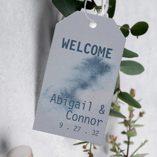 Modern Abstrakt Slate Blue Grått Mist Watercolor Presentetikett