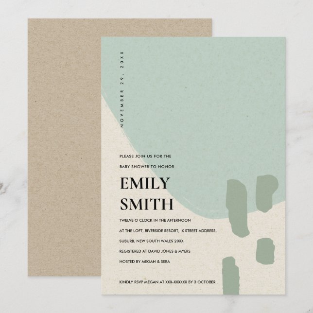 MODERN ABSTRAKT SOFT AQUA BLUE BABY SHOWER INBJUDA TACK KORT (Fram/baksida)