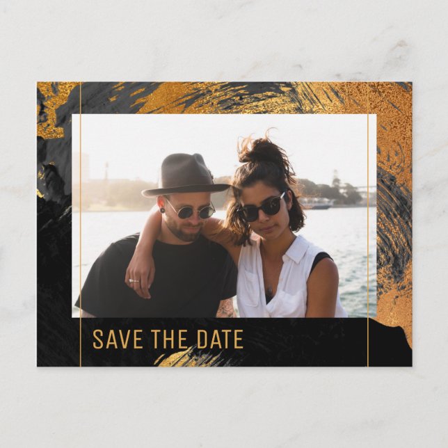 Modern abstrakt som målar guld-skriptfotot bröllop meddelande vykort (Framsida)