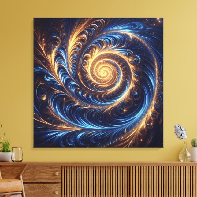 Modern Abstrakt Space-Royalet Blue och Guld Swirls Canvastryck (Insitu (Vardagsrum))