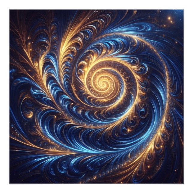 Modern Abstrakt Space-Royalet Blue och Guld Swirls Fototryck (Framsidan)