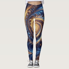 Modern Abstrakt Space-Royalet Blue och Guld Swirls Leggings