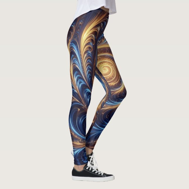 Modern Abstrakt Space-Royalet Blue och Guld Swirls Leggings (Höger)