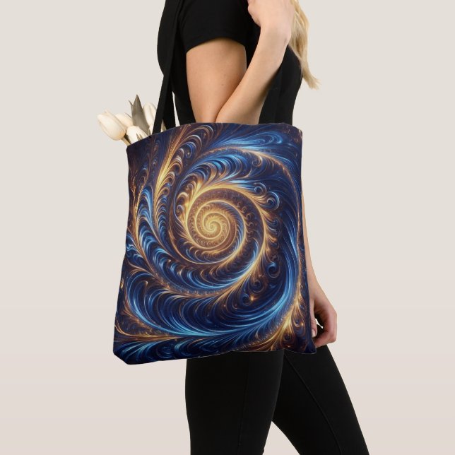 Modern Abstrakt Space-Royalet Blue och Guld Swirls Tygkasse (Närbild)