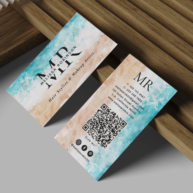Modern Abstrakt Strand Akvarell Monogram QR-kod Visitkort (Skapare uppladdad)