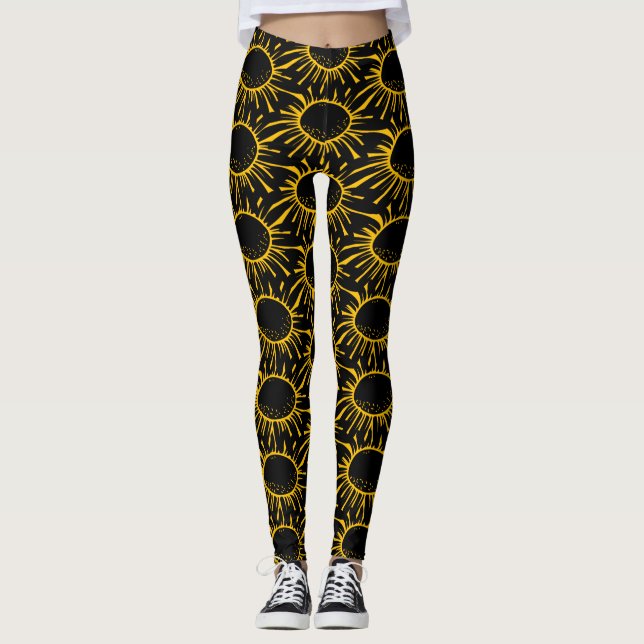 Modern abstrakt svart gul solförmörkelse mönster leggings (Framsida)