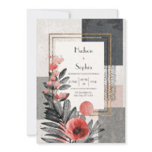 Modern Abstrakt Svart Vitt Rött Blommig Bröllop