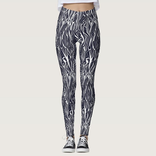 Modern Abstrakt Svart Vitt Zebra Safari Mönster  Leggings (Framsida)