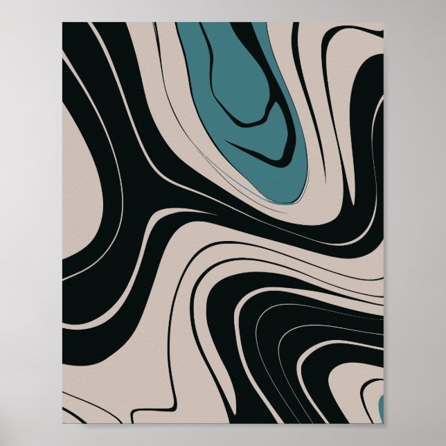 Modern Abstrakt Teal and Black Swirl Mönster Poster (Framsidan)