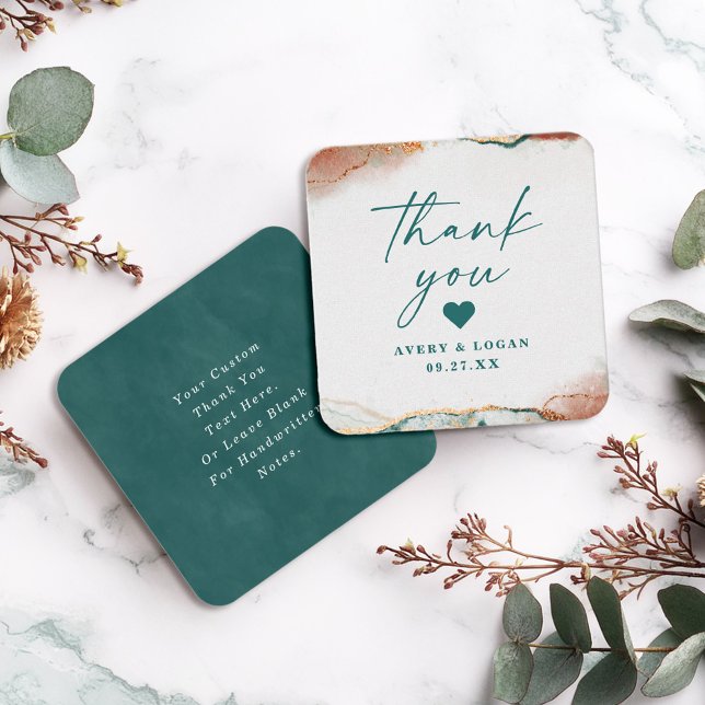 Modern Abstrakt Teal & Copper Bröllop Tack Anteckningskort (Modern teal and copper wedding thank you note cards with abstract design.)