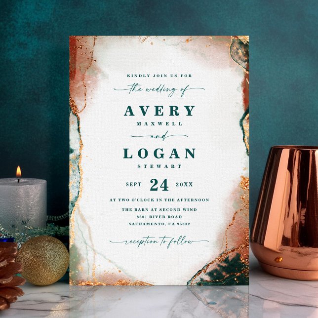 Modern Abstrakt Teal Copper & Guld Fall Wedding Inbjudningar (Teal and Copper Abstract Wedding Invitation)