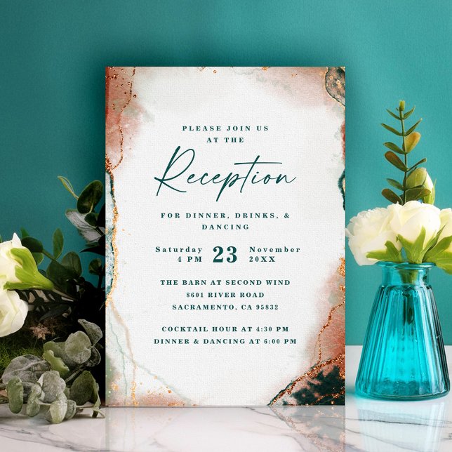 Modern Abstrakt Teal & Copper Wedening Reception Tilläggskort (Modern abstract teal and copper wedding reception invitation card.)