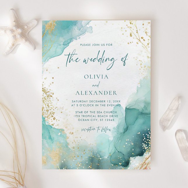 Modern Abstrakt Teal Guld Beach Wedding Inbjudningar (Skapare uppladdad)