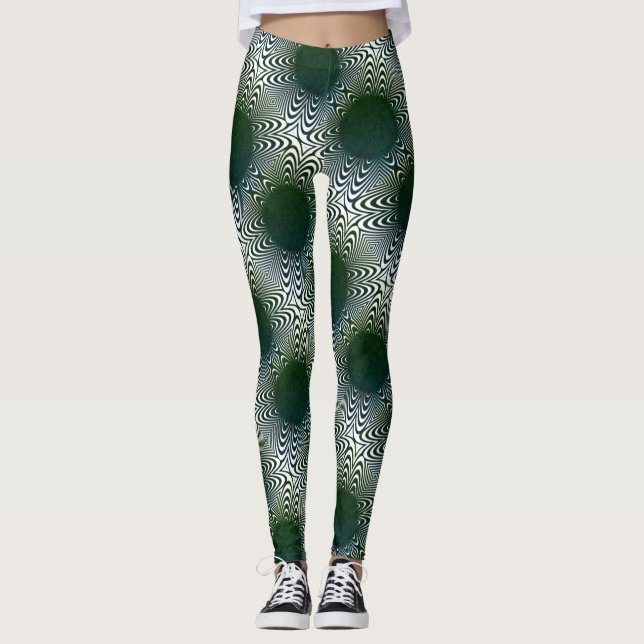 MODERN abstrakt teckning i djupgrönvit mosaik Leggings (Framsida)