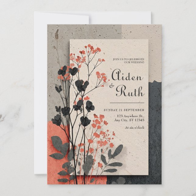 Modern Abstrakt Terrakotta Svart Botanisk Bröllop Inbjudningar (Framsida)