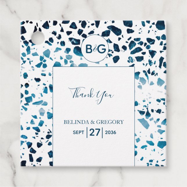 Modern Abstrakt Terrazzo Mosaic Blue Bröllop Gift Gåvor Etiketter (Framsida)