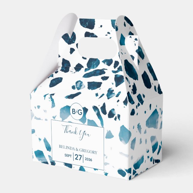 Modern Abstrakt Terrazzo Mosaic Blue Bröllop Presentaskar (Framsidan Sidan)