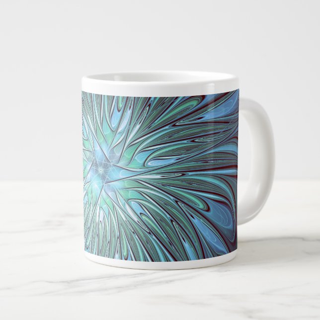 Modern Abstrakt Trendig Blå Blomma Fraktal Konst Jumbo Mugg (Framsida höger)