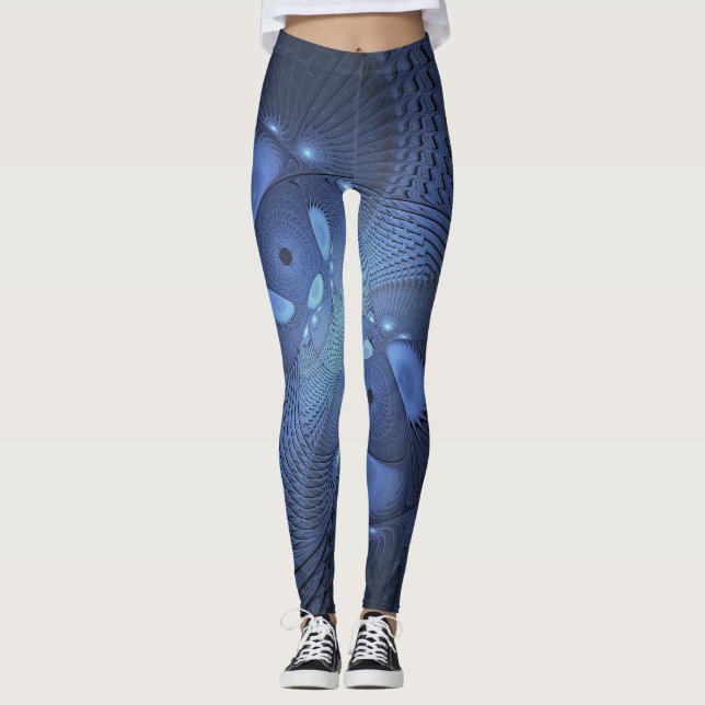 Modern Abstrakt Trendig Dusk Blue Fractal Art Leggings (Framsida)