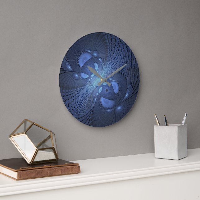 Modern Abstrakt Trendig Dusk Blue Fractal Art Stor Klocka (Kontor)