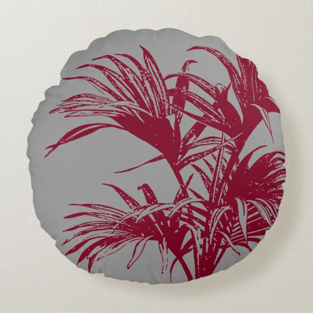 Modern Abstrakt Tropical Handflatan Träd Burgundy  Rund Kudde (Framsidan)