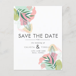 Modern Abstrakt Tropical Rosa & Grönt Bröllop Spar Meddelande Vykort