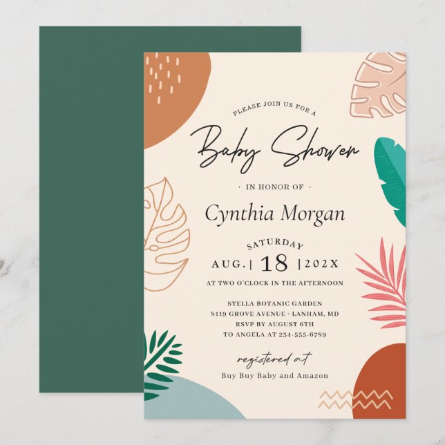 Modern Abstrakt Tropical Summer Cute Baby Shower Inbjudningar (Fram/baksida)