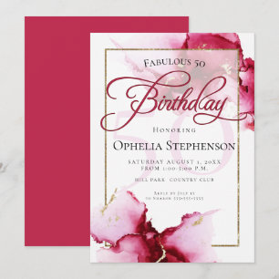 Modern Abstrakt Vivid Burgundy Rosa Birthday Inbjudningar