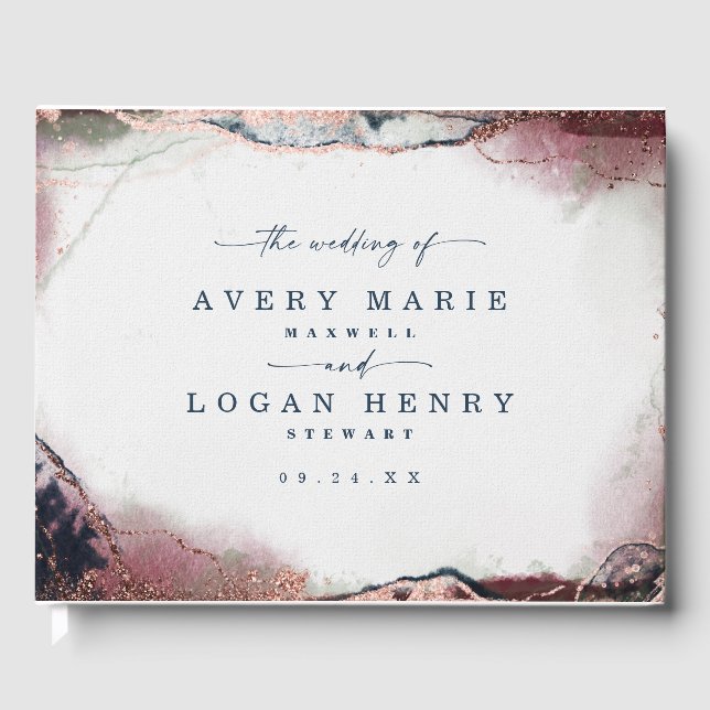Modern Abstrakt Watercolor Burgundy & Navy Bröllop Gästböcker (Framsida)
