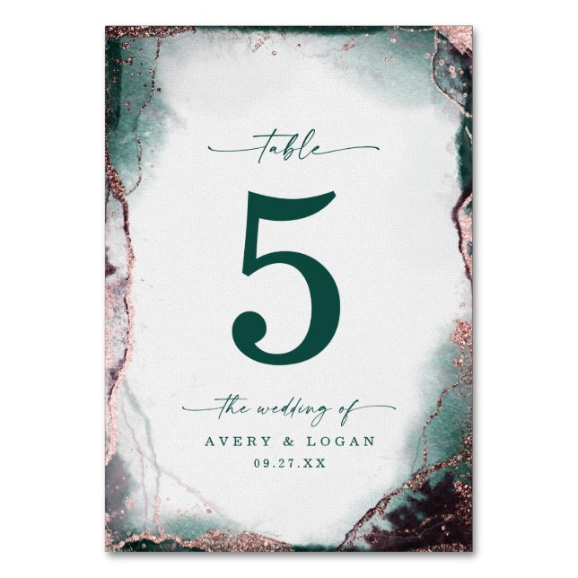 Modern Abstrakt Watercolor Emerald Grönt Bröllop Bordsnummer (Framsidan)