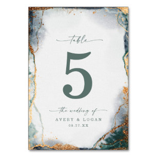 Modern Abstrakt Watercolor Grönt & Guld Bröllop Bordsnummer