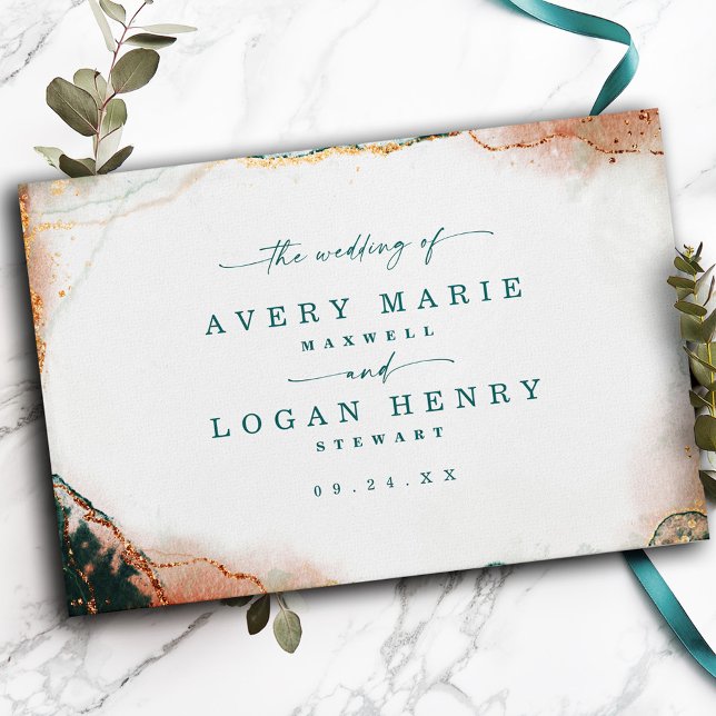 Modern Abstrakt Watercolor Teal & Copper Bröllop Gästböcker (Elegant Teal and Copper Watercolor Wedding Guest Book)