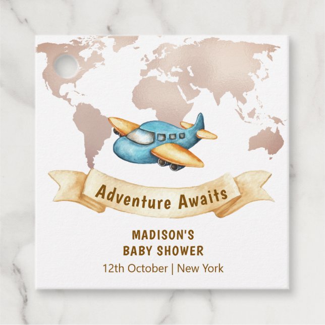 Modern Adventure World Map Airplane Baby Shower  Gåvor Etiketter (Framsida)