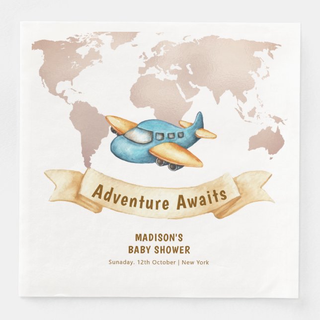 Modern Adventure World Map Airplane Baby Shower  Pappersservett (Framsida)