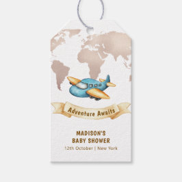 Modern Adventure World Map Airplane Baby Shower Presentetikett