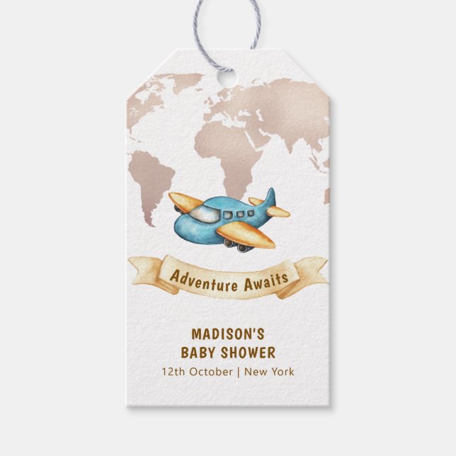 Modern Adventure World Map Airplane Baby Shower  Presentetikett (Framsidan)